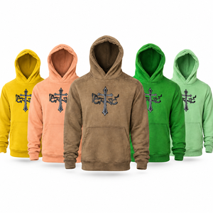 Sweat à capuche streetwear imprimé croix jaune doré pour homme, pull vintage épais décontracté à manches longues et coupe oversize - Product Image 6