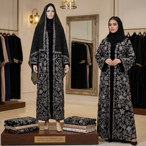 Tela de terciopelo bordada premium con diseño geométrico de punto de cruz sobre fondo negro para elegantes caftanes, chaquetas y vestidos de moda. - Product Image 4