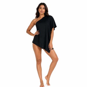 Vestido Mini de un Hombro para Mujer, Corte Holgado, Manga Corta, Color Sólido, Informal, Tejido Transpirable, para Verano/Primavera, Color Negro - Product Image 1