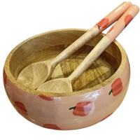 Juego de Tazón y Cuchara de Madera de Mango con Esmalte Floral Pintado a Mano, Tazón de Ensalada de Madera de Lujo para Hoteles, Logotipo Personalizado