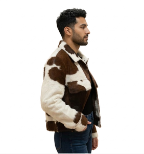 Men's Cowhide Leather Jacket Animal Print Turn-down Collar Casual Winter Thick Regular Fit Single Breasted Faux <b>Fur</b> Lining - Product Image 2