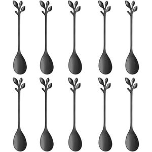 Elegante Set da 10 Cucchiaini da Caffè e Dessert in Acciaio Inossidabile da 12 cm, Neri a Forma di Foglia, per Demitasse - Product Image 1