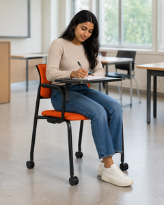 Chaise de bureau scolaire en tissu orange avec tablette d'écriture, chaise empilable à roulettes avec structure métallique, chaise de bureau en tissu orange avec structure métallique - Product Image 1