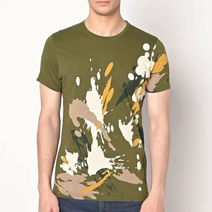 T-shirt en coton tricoté décontracté pour homme, vert olive, imprimé abstrait, manches courtes, col rond, coupe classique - Product Image 1