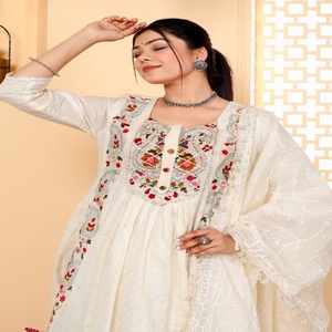 NIYANI Elegant <b>White</b> Cotton Anarkali Kurta Set Intricate Embroidery <b>Lace</b> Dupatta Stylish Regular Fit Ankle-Length Party Diwali - Product Image 3