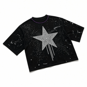 T-shirt noir surdimensionné pour homme, manches courtes, col rond, imprimé étoile en strass, jersey en coton, style streetwear, design géométrique - Product Image 4
