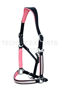 Cabestro de cuero negro y rosa con adornos de diamantes de imitación, estilo brida, ajuste cómodo para montar a caballo - Product Image 2