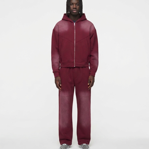 Conjunto de dos piezas de sudadera con capucha y pantalones anchos de chándal, personalizado por el fabricante, estampado, sólido, transpirable, estilo streetwear, con efecto desgastado por el sol y lavado ácido. - Product Image 1