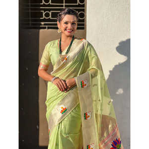 Sari en soie Paithani tissé en organza vert Pista avec des fils de zari, robes de soirée élégantes - Product Image 5