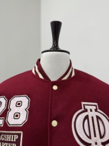 Custom Maroon Wool Varsity Jacket | OEM Mandarin Collar Embroidered Patchwork Letterman Jacket | Private Label Unisex Winter - Product Image 3