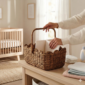 Organizador de mimbre ecológico para guardería - Cesta de algas marinas con borde festoneado y asas para artículos esenciales del bebé - Product Image 4