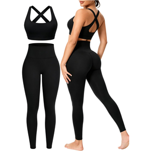 <b>Black</b> 2-Piece Yoga <b>Set</b> High-Waist Leggings Crisscross Sports Bra Seamless Full-Length Solid Breathable Quick-Dry Eco-Friendly - Product Image 1