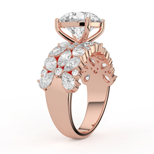 Bague opulente en or jaune large avec diamant rond brillant, mosaïque botanique et grappe de diamants poire et marquise, bijou de déclaration - Product Image 3