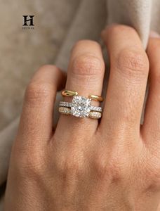 Luxury <b>Cushion</b> Cut Lab Grown Diamond Engagement <b>Ring</b> Set 3 Pieces Mixed Metal Yellow White Gold Bridal Stack - Product Image 5
