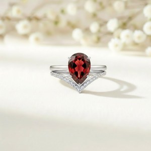 Pear Cut <b>Garnet</b> Engagement <b>Ring</b> V Chevron Band Natural Red Gemstone <b>Ring</b> 925 Sterling <b>Silver</b> 18K Gold Filled Promise Jewelry - Product Image 3