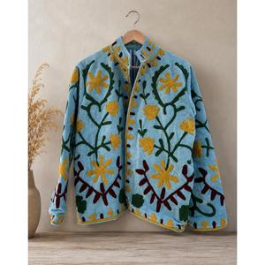 Bohemian Blue Fleece <b>Velvet</b> Suzani <b>Jacket</b> With Floral Embroidery Stand Collar Full Sleeve <b>Women's</b> Autumn Outerwear - Product Image 1