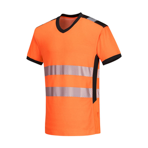 Chemise de sécurité unisexe jaune fluo à manches courtes et col en V, bandes réfléchissantes, logo personnalisé imprimé, vêtements de travail en polyester fluorescent - Product Image 6