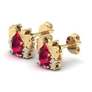 Nouveautés REYES – Boucles d'oreilles clous en or 14K, 18K, 22K avec moissanite taille poire 1,5 carat et rubis rouge solitaire – Bijoux fins - Product Image 3