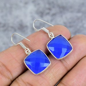 925 <b>Sterling</b> <b>Silver</b> Women Blue Chalcedony Cushion Cut Gemstone Bezel <b>Silver</b> Drop Earrings Trendy Engagement Party Gift Everyday - Product Image 2