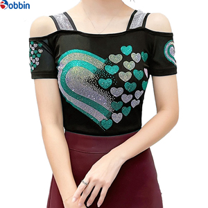 Top de malla con pedrería y corazones rojos, de hombros descubiertos, manga corta, cuello cuadrado, ajustado, para mujer, para el Día de San Valentín - Product Image 5