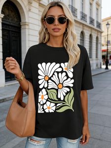 T-shirt imprimé graphique 100 % coton pour femme, col rond, coupe ample et confortable, manches courtes, idéal pour l'été - Product Image 4