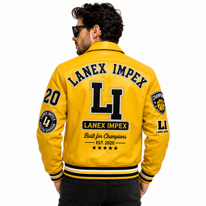 แจ็คเก็ตหนังสีเหลืองแบบกำหนดเองสำหรับผู้ชาย แจ็คเก็ต Letterman Bomber พร้อมป้ายปักไหมพรม  ผู้ผลิต OEM ODM - Product Image 4