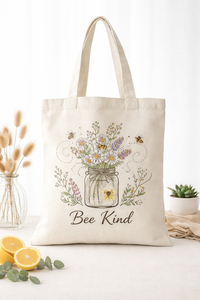 Eco Friendly Cotton <b>Canvas</b> <b>Tote</b> Bag With Floral Bee Print Reusable Shopping Grocery Carry Bag With Long Handle - Product Image 3