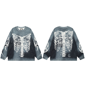 <b>White</b> Skeleton Rib Cage Graphic Long Sleeve <b>T</b>-<b>Shirt</b> Crew Neck Gothic Letter Print Streetwear Tee Unisex - Product Image 4