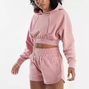 Women Cropped Hoodie And Shorts <b>Set</b> Custom Logo Puff Sleeve Two Piece Loungewear - Product Image 6