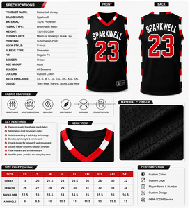 Maillot de basket-ball Sparkwell unisexe sans manches, col en V, maille respirante, impression 3D sublimée, nom de l'équipe personnalisé sur le devant, 23 noir rouge - Product Image 4