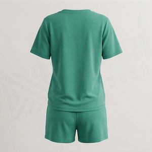 2 Piece High Quality Formal Solid Above Knee Home Wear Suit Short Sleeve T Shirt and Shorts <b>Twin</b> <b>Set</b> for Women - Product Image 2