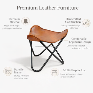 Taburete de Cuero de Búfalo Hecho a Mano con Estructura de Hierro Plegable, Acabado Vintage y Diseño Artesanal para Sala de Estar - Product Image 3