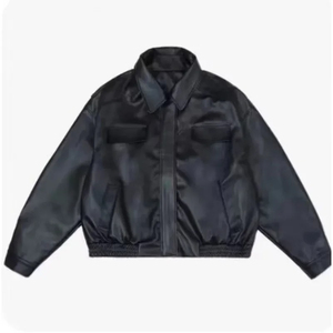 Unisex Beige PU Leather Eco-friendly Bomber <b>Jacket</b> Zipper Closure Front Workwear Turn-down Collar Loose Fit <b>Short</b> Regular <b>Sleeve</b> - Product Image 4