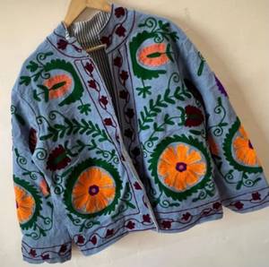 Handmade Light Blue Velvet Suzani Embroidered <b>Jacket</b> <b>Women</b> <b>Vintage</b> Floral Kashmiri Coat Open Front Cotton Lined Ethnic Boho - Product Image 4