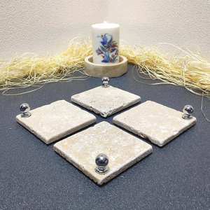 Elegant Travertine <b>Coaster</b> Set of 4 Tumbled Square Natural Stone <b>Coasters</b> With <b>Silver</b> Ball Accessory for Coffee Table Tea - Product Image 2