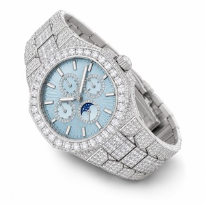 Luxury Women's Diamond Watch Stainless Steel Band Analog Mechanical <b>Chronograph</b> Round Case Blue Dial - Product Image 5