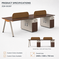Bureau de travail pour 4 personnes avec armoires de rangement et séparateurs en tissu, 2400 mm, finition bois brun, mobilier de bureau