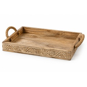 Plateau de service en bois de manguier avec poignées en jute - Design géométrique maya artisanal - Product Image 1