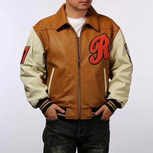 Blouson aviateur vintage en cuir pour homme avec logo R brodé et motifs de patchs, col rabattable, fermeture éclair - Product Image 2