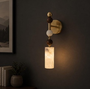 Lámpara de Pared Moderna de Alabastro, Aplique de Latón con Detalles de Madera, Iluminación de Pared de Estilo Mid-Century, Luz de Dormitorio de Piedra Natural - Product Image 5