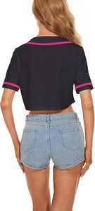Camiseta Corta Negra para Mujer con Ribete Rosa, Manga Corta, Ajustada, Estilo Veraniego, Color Sólido, Cuello Redondo, Poliéster - Product Image 6