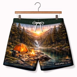 Shorts de bain pour hommes, motif paysage de camping, imprimé cascade, forêt, feu de camp, séchage rapide - Product Image 1