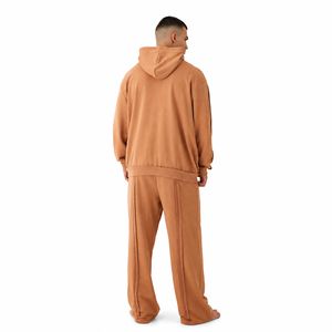Men's Orange Hooded Tracksuit Full Length Loose Fit Solid Color Sweat Set With Side Pockets Breathable Casual Wear Autumn Style - Product Image 2
