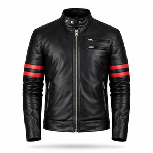 SAAR INDUSTRIES Men's Black Genuine Leather Coated Biker <b>Jacket</b> Red Stripe Design Slim Fit Breathable Eco-Friendly <b>Waterproof</b> - Product Image 1
