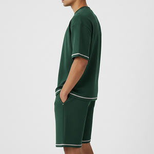 Nouvel ensemble 2 pièces streetwear d'été pour homme en coton 100% uni, avec épaules tombantes, manches courtes, surpiqûres contrastées, écologique et respirant - Product Image 3