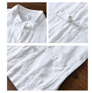 Camisa de primavera para hombre, informal, de manga larga, de algodón y lino, tejido dobby, transpirable, con cuello alto y ajuste holgado. - Product Image 6