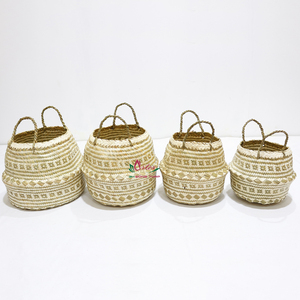 New Design Palm Leaf Belly <b>Basket</b> Natural Woven Storage Bin <b>Foldable</b> Plant Pot with Handle - Product Image 5