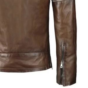<b>Mens</b> Brown Genuine Leather Streetwear <b>Jacket</b> <b>White</b> Grey Sleeve Stripes Stand Collar Zip Front Chest Pocket Premium OEM Outerwear - Product Image 3