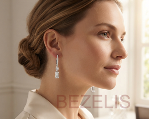 Pendientes de Oro Rosa con Diamantes en Corte Esmeralda y Piedras Laterales Redondas Brillantes para Mujer, Venta al Por Mayor - Product Image 3