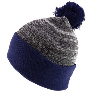 Gorro de punto unisex con pompón, borde azul marino y cuerpo gris melange, gorro casual de invierno para adultos 56-58CM - Product Image 6
